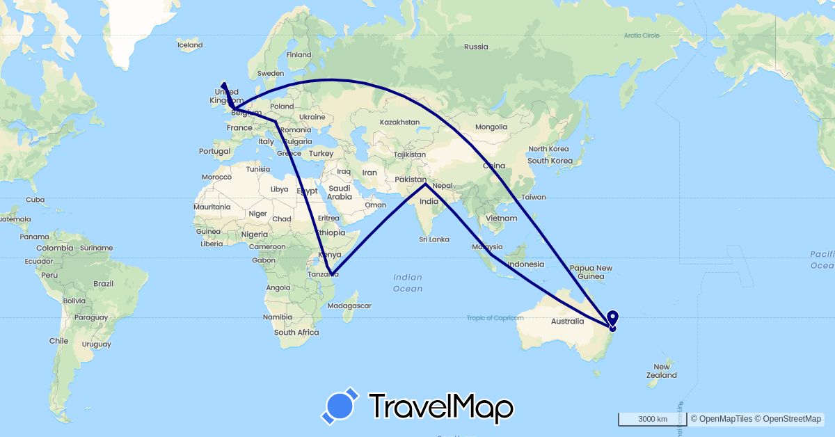 TravelMap itinerary: driving in Austria, Australia, China, United Kingdom, India, Kenya, Singapore, Tanzania (Africa, Asia, Europe, Oceania)